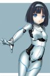  1girl android black_hair blue_background blue_eyes bob_cut border breasts commentary_request hairband kurogane_daichi looking_at_viewer medium_hair original parted_lips robot_joints small_breasts solo white_border 