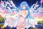  1girl arm_garter bare_shoulders blue_eyes blue_hair breasts clouds cowboy_shot criss-cross_halter dress emori_miku emori_miku_project flute gradient_sky grass halter_dress halterneck highres holding holding_instrument instrument leaf leaves_in_wind long_hair looking_at_viewer medium_breasts na_kyo navel navel_cutout outdoors plain shooting_star sky sleeveless sleeveless_dress smile solo star_(sky) starry_sky very_long_hair water white_dress 