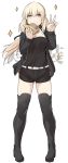  1girl artoria_pendragon_(all) bangs black_footwear black_jacket black_legwear black_shirt black_shorts blonde_hair boots breasts eating eyebrows_visible_through_hair fate/grand_order fate/stay_night fate_(series) food full_body hamburger jacket jet_black_king_of_knights_ver._shinjuku_1999 long_hair looking_at_viewer saber_alter shirt shiseki_hirame shorts simple_background solo thigh-highs thigh_boots v white_background yellow_eyes 