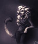  1girl 2012 breasts clouded-3d commentary dark english_commentary greyscale kougra lips long_hair monochrome neopets parted_hair personification profile signature small_breasts solo standing tail white_hair 