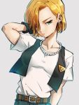  1girl android_18 belt black_gloves blonde_hair blue_eyes brown_belt closed_mouth collarbone denim dragon_ball dragon_ball_z earrings gloves grey_background hair_over_one_eye jeans jewelry kemachiku looking_at_viewer necktie pants shirt short_hair short_sleeves simple_background solo white_shirt 