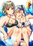  2girls bikini blush breasts cup drinking_glass drinking_straw ghost_tail green_eyes green_hair grey_eyes grey_hair highres innertube maitacoco medium_breasts mononobe_no_futo multiple_girls ponytail short_hair small_breasts smile soga_no_tojiko swimsuit touhou water 