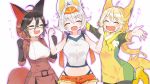  3girls :o ahoge animal_ears black_gloves black_hair blonde_hair boltund breasts brown_coat brown_hair cinderace clenched_hand closed_eyes coat dog_ears dog_tail facing_viewer fang fox_ears fox_tail gloves hair_between_eyes hands_up medium_breasts midriff multicolored_hair multiple_girls orange_headband orange_shorts personification pokemon pokemon_(game) pokemon_swsh rabbit_ears sakutake_(ue3sayu) short_shorts short_sleeves shorts silver_hair simple_background skin_fang sleeveless standing sweatdrop tail thievul two-tone_hair white_background yellow_footwear 