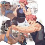  1boy 1girl alternate_hairstyle arms_behind_head black_hair blue_eyes blue_hair blush breath dark_skin dumbbell exercise freckles gym_leader hat highres long_hair malshi_edroad multicolored_hair muscle navel pokemon pokemon_(game) pokemon_swsh rurina_(pokemon) short_hair sit-up smile sports_bra sweat translation_request two-tone_hair yarrow_(pokemon) 