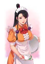  1girl apron ayasato_chihiro black_hair breasts commentary_request gyakuten_saiban long_hair looking_at_viewer magatama mole mole_under_mouth smile solo tamaki_g_(artist) tea waitress 