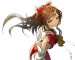  1girl ascot blurry bow bronze_liver brown_hair cowboy_shot depth_of_field detached_sleeves expressionless gohei hair_bow hair_tubes hakurei_reimu highres long_hair looking_at_viewer nontraditional_miko orange_eyes sidelocks simple_background solo touhou white_background wide_sleeves yellow_neckwear 
