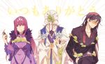  1girl 2boys black_hair blood blood_in_mouth blush covered_face emphasis_lines energy_drink eyewear_on_head fate/grand_order fate_(series) fur_collar hands_in_pockets highres hood hood_up long_hair lord_el-melloi_ii merlin_(fate) multiple_boys navel necktie off_shoulder purple_hair red_eyes scathach_(fate)_(all) scathach_skadi_(fate/grand_order) sticker suto_(sakumaaritsu) tears tiara v waver_velvet wide_sleeves 