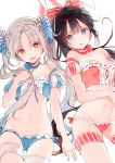  2girls absurdres animal_ears bare_shoulders black_hair blue_bra blue_eyes blue_panties bow bra breasts bunny_tail choker cowboy_shot detached_sleeves dsmile fake_animal_ears fake_tail flat_chest grey_hair hair_bow highres leg_garter long_hair looking_at_viewer multiple_girls navel open_mouth original panties ponytail rabbit_ears red_bra red_eyes red_panties ribbon_choker scan short_sleeves simple_background small_breasts stomach striped striped_bow tail twintails underwear underwear_only very_long_hair white_background 