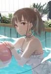  1girl :q ball bangs brown_eyes brown_hair character_request choker earrings frilled_swimsuit frills heart highres idolmaster idolmaster_shiny_colors jewelry mxwbr nail_polish plant ponytail pool solo sweat swimsuit tongue tongue_out water 