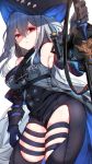  1girl arknights armpits black_gloves breasts commentary cowboy_shot cravat detached_sleeves elite_ii_(arknights) english_commentary gloves grey_hair hat highres long_hair looking_at_viewer medium_breasts rayno red_eyes shaded_face simple_background skadi_(arknights) solo sword thigh_cutout weapon white_background 