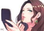  1girl brown_hair close-up commentary_request da-cart dorothea_arnault earrings face female_focus fire_emblem fire_emblem:_three_houses fire_emblem:_three_houses fire_emblem_16 green_eyes hand_mirror highres intelligent_systems jewelry lipstick long_hair looking_at_viewer looking_to_the_side makeup mirror nintendo pink_lips 
