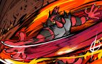  claws commentary creature darkest_lariat_(pokemon) english_commentary fire gen_7_pokemon green_eyes highres incineroar ishmam looking_at_viewer no_humans pokemon solo upper_body yellow_sclera 