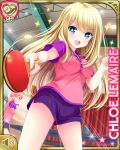  3girls ball blonde_hair blue_eyes breasts character_name chloe_lemaire girlfriend_(kari) indoors long_hair multiple_girls official_art open_mouth outstretched_arm paddle pink_shirt purple_shorts qp:flapper shirt short_shorts short_sleeves shorts smile sparkle table_tennis table_tennis_ball table_tennis_net table_tennis_paddle 