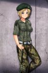  1girl battle_rifle beret blonde_hair blush breast_pocket breasts camouflage camouflage_pants cracked_wall eyebrows_visible_through_hair fn_fal gun hat highres itsaraofgod looking_at_viewer medium_breasts original pants pocket rifle short_hair short_shorts shorts smile solo weapon 