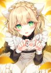  1boy 2980 alternate_costume animal_ears bell blonde_hair blush cat_ears cat_tail enmaided eyebrows_visible_through_hair green_eyes hair_bell hair_ornament heart heart_hands highres long_sleeves looking_at_viewer maid maid_headdress male_focus nijisanji otoko_no_ko parted_lips short_hair smile solo suzuya_aki tail 