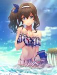  1girl a-1_pictures back_bow bandai bangs bikini bikini_skirt blue_bow blue_eyes blue_nails blue_sky blurry blurry_background bow brown_hair choker closed_mouth clouds collarbone day earrings eyebrows_visible_through_hair groin hair_between_eyes hair_bow hairband highleg highleg_bikini highres idolmaster idolmaster_cinderella_girls idolmaster_cinderella_girls_starlight_stage jewelry jugemu_(qqkyon) long_hair looking_at_viewer nail_polish namco navel outdoors palm_tree partially_submerged sagisawa_fumika side_ponytail sky smile solo sparkle standing striped sunlight swimsuit tree vertical-striped_bikini vertical_stripes wading white_bikini white_hairband 