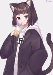  1girl 7tar animal_ears black_jacket blush brown_hair cat_ears cat_tail closed_mouth cup drinking drinking_straw eyebrows highres holding holding_cup hood hoodie jacket long_sleeves looking_at_viewer milk_tea original short_hair solo tail thick_eyebrows twitter_username upper_body violet_eyes white_hoodie 