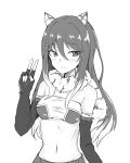  1girl animal_ear_fluff animal_ears bandeau bangs bare_shoulders blush breasts closed_mouth elbow_gloves eyebrows_visible_through_hair fingerless_gloves fur_collar gloves greyscale hair_between_eyes hand_up highres kashiwazaki_shiori light_smile long_hair medium_breasts monochrome multicolored_hair navel nyakonro_(nekonro) princess_connect! princess_connect!_re:dive simple_background solo strapless tiger_ears two-tone_hair very_long_hair w white_background 