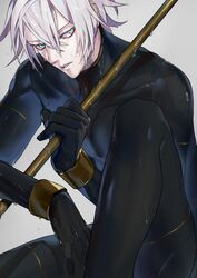  1boy adapted_costume blue_eyes bodysuit diving_suit eyeshadow fate/grand_order fate_(series) highres holding_polearm karna_(fate) looking_at_viewer makeup male_focus ono_matope parted_lips solo wet white_hair wristband 