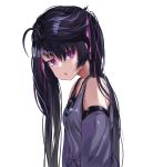  1girl :o absurdres ahoge bangs bare_shoulders black_hair commentary_request detached_sleeves expressionless from_side glint hair_ribbon highres korean_commentary long_hair long_sleeves looking_at_viewer looking_to_the_side multicolored_hair open_mouth original pink_hair pink_ribbon ribbon simple_background solo streaked_hair tank_top torieto twintails upper_body very_long_hair white_background 