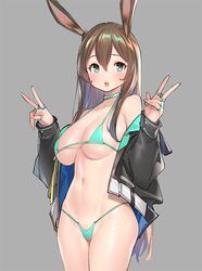  1girl :o amiya_(arknights) animal_ears aqua_eyes aqua_panties arknights bare_shoulders black_jacket breasts brown_hair choker cowboy_shot double_v grey_background halter_top halterneck jacket jewelry large_breasts long_hair looking_at_viewer navel no_pants off_shoulder open_mouth panties pop_kyun rabbit_ears ring simple_background solo underwear v very_long_hair 