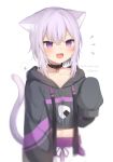  1girl :d amashiro_natsuki animal_ear_fluff animal_ears bangs black_collar black_hoodie blurry blurry_foreground blush cat_ears cat_girl cat_tail character_name collar collarbone commentary_request depth_of_field drawstring eyebrows_visible_through_hair fang hair_between_eyes highres hood hood_down hoodie long_sleeves looking_at_viewer midriff navel nekomata_okayu nijisanji onigiri_print open_mouth pants print_hoodie purple_hair simple_background sleeves_past_fingers sleeves_past_wrists smile solo tail tail_raised violet_eyes virtual_youtuber white_background white_pants 