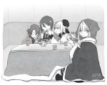  2boys 2girls alexander_(fate/grand_order) bowl braid fate/grand_order fate_(series) food fruit gray_(lord_el-melloi_ii) greyscale hanten_(clothes) kotatsu looking_at_viewer lord_el-melloi_ii_case_files mandarin_orange monochrome multiple_boys multiple_girls nemugiko nintendo_switch playing_games reines_el-melloi_archisorte seiza shrimp shrimp_tempura single_braid sitting smile table tempura tilted_headwear time_paradox waver_velvet 