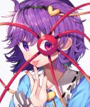  1girl :p arm_up blue_shirt commentary_request eyebrows_visible_through_hair finger_licking frilled_shirt_collar frilled_sleeves frills gunjou_row hair_between_eyes hair_ornament hairband head_tilt heart heart_hair_ornament komeiji_satori licking long_sleeves looking_at_viewer one_eye_covered purple_hair shirt short_hair simple_background solo third_eye tongue tongue_out touhou upper_body violet_eyes white_background 