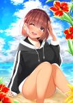  1girl akitsuki_hiroya beach black_hoodie brown_eyes brown_hair day flower hand_up hibiscus highres hood hood_down knees_together_feet_apart knees_up mole mole_under_eye ocean one_eye_closed original short_hair sitting solo 