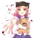  1girl bear_hair_ornament blood bloody_clothes blush facial_hair gakkou_gurashi! hair_ornament hat highres holding mustache open_mouth pink_eyes pink_hair pleated_skirt pok_memo red_ribbon ribbon school_uniform short_hair short_sleeves skirt smile stuffed_animal stuffed_toy takeya_yuki teddy_bear x_hair_ornament 