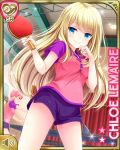  3girls arms_up ball blonde_hair blue_eyes breasts character_name chloe_lemaire girlfriend_(kari) hand_to_own_mouth indoors long_hair multiple_girls official_art paddle pink_shirt purple_shorts qp:flapper shirt short_shorts short_sleeves shorts smile sparkle table_tennis table_tennis_ball table_tennis_net table_tennis_paddle 