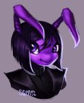  1girl antennae black_hair closed_mouth clouded-3d creature face grey_background hair_between_eyes happy neopets no_humans purple_skin purple_theme ruki_(neopets) short_hair signature simple_background smile solo violet_eyes 