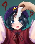  1girl ? black_hair blue_eyes blush fangs green_background highres jakomurashi jiangshi looking_at_viewer miyako_yoshika outstretched_arms solo touhou upper_body 