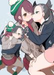  2girls aqua_eyes asymmetrical_bangs bangs black_hair black_jacket blush brown_eyes brown_hair choker chorimokki dress earrings green_headwear hair_ribbon hat hug jacket jewelry long_sleeves mary_(pokemon) multiple_girls pink_dress pokemon pokemon_(game) pokemon_swsh red_ribbon ribbon short_hair straddling tam_o&#039;_shanter twintails yuri yuuri_(pokemon) 