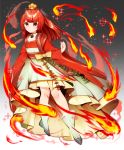  1girl choker clenched_hand dress fire flat_chest full_body gradient gradient_background grey_background hair_ornament hair_stick highres ho-oh personification pokemon pokemon_(game) red_dress red_eyes redhead s2roves2 solo two-tone_dress white_dress white_footwear wide_sleeves 
