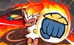  blue_eyes commentary creature english_commentary fiery_hair fire fire_punch_(pokemon) gen_4_pokemon highres infernape ishmam looking_at_viewer monkey no_humans pokemon pokemon_(creature) punching smoke solo standing upper_body 