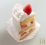  absurdres cake cake_slice ff_01 food food_focus fruit grey_background highres icing no_humans original photo-referenced photorealistic realistic still_life strawberry strawberry_shortcake 