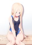  1girl abigail_williams_(fate/grand_order) bangs bare_arms bare_shoulders between_legs black_swimsuit blonde_hair blue_eyes blush breasts closed_mouth collarbone commentary_request competition_swimsuit eyebrows_behind_hair fate/grand_order fate_(series) feet_out_of_frame forehead gradient gradient_background grey_background hand_between_legs highres jilu long_hair looking_at_viewer one-piece_swimsuit parted_bangs small_breasts smile solo swimsuit very_long_hair white_background 