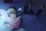  1girl alternate_costume bangs bed casual chuunibyou controller eyebrows_visible_through_hair green_eyes green_hair ground_vehicle headphones highres light_green_hair merkava military military_vehicle motor_vehicle night nyoomdoesstuff pajamas pants phonon_(under_night_in-birth) pillow pink_sweater playing short_hair snake solo stuffed_animal stuffed_toy sweater tank television under_night_in-birth 