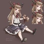  1girl bangs blue_bow blue_dress blush bow brown_hair chain cuffs dress gourd horns ibuki_suika kazaguruma oni oni_horns open_mouth red_bow red_eyes shackles shoes simple_background sitting smile socks touhou 