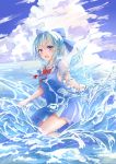  1girl bangs blue_bow blue_dress blue_eyes blue_hair blue_sky blush bow bowtie breasts cirno clouds day dress eyebrows_visible_through_hair hair_between_eyes hair_bow hei_kuang_jun highres ice ice_wings looking_at_viewer open_mouth outdoors pinafore_dress puffy_short_sleeves puffy_sleeves red_bow red_neckwear shirt short_dress short_hair short_sleeves sky small_breasts solo thighs touhou water white_shirt wings 
