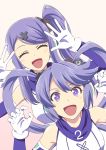  2girls :d blush bright_pupils closed_eyes copyright_request elbow_gloves facing_viewer gloves hands_up headphones ishii_hisao long_hair looking_at_viewer multiple_girls one_side_up open_mouth pink_background purple_hair simple_background smile violet_eyes white_gloves 
