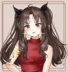  1girl ahoge armlet bangs black_bow bow breasts brown_hair chaoyingyu earrings fate/grand_order fate_(series) hair_bow ishtar_(fate)_(all) ishtar_(fate/grand_order) jewelry long_hair looking_at_viewer medium_breasts open_mouth red_eyes red_vest shiny shiny_hair solo sparkle twintails upper_body vest 
