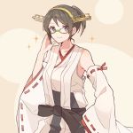  1girl adjusting_eyewear alternate_hairstyle black_hair brown_background commentary_request cowboy_shot detached_sleeves glasses green-framed_eyewear hairband headgear japanese_clothes kantai_collection kirishima_(kantai_collection) looking_at_viewer ponytail ribbon-trimmed_sleeves ribbon_trim shakemi_(sake_mgmgmg) short_hair solo two-tone_background 