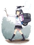  1girl backpack bag black_footwear black_hair black_legwear black_sailor_collar blue_neckwear brown_eyes character_request closed_mouth commentary_request copyright_request from_side headgear holding ishii_hisao loafers long_sleeves musical_note neckerchief randoseru sailor_collar shoes sidelocks smile socks solo stick sweater twintails virtual_youtuber walking white_sweater 