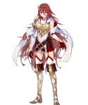  1girl armor bangs bare_shoulders belt boots breastplate cordelia_(fire_emblem) dress fire_emblem fire_emblem_awakening fire_emblem_heroes full_body garter_straps gloves highres katou_itsuwa official_art red_eyes redhead scarf shiny shiny_hair short_dress shoulder_armor solo thigh-highs thigh_boots transparent_background white_legwear white_scarf zettai_ryouiki 