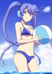  1girl ball beachball bikini blue_bikini blue_sky breasts closed_mouth clouds contrapposto copyright_request cowboy_shot d-pad d-pad_hair_ornament day eyebrows_visible_through_hair frilled_bikini frills hair_ornament headphones holding ishii_hisao long_hair looking_at_viewer medium_breasts navel outdoors purple_background sky solo standing swimsuit twintails very_long_hair violet_eyes wading 