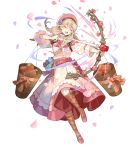  1girl arrow bangs belt bow_(weapon) braid brown_eyes brown_legwear dress faye_(fire_emblem) fire_emblem fire_emblem_echoes:_shadows_of_valentia fire_emblem_heroes floral_print food full_body hat highres holding holding_bow_(weapon) holding_weapon light_brown_hair long_dress long_hair official_art pink_dress puffy_short_sleeves puffy_sleeves quiver shiny shiny_hair shoes short_sleeves socks solo tied_hair transparent_background twin_braids twintails weapon 