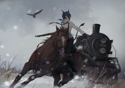  1girl absurdres arknights bird black_gloves black_pants blue_hair ch&#039;en_(arknights) chinese_commentary cjmy commentary_request gloves grass grey_sky ground_vehicle gun highres holding holding_gun holding_weapon horns horse horseback_riding locomotive long_hair low_ponytail necktie open_mouth outdoors pants ponytail red_eyes riding rifle shirt sidelocks snow solo steam_locomotive sunglasses train weapon white_shirt 