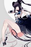  1girl bangs bare_shoulders black_dress black_footwear blue_eyes blunt_bangs blush breasts china_dress chinese_clothes closed_mouth crossed_legs detached_sleeves double_bun dress fate/grand_order fate_(series) grey_background hair_ornament high_heels highres leaf_hair_ornament legs long_hair looking_at_viewer medium_breasts oriichi purple_hair short_dress sidelocks smile solo twintails very_long_hair yang_guifei_(fate/grand_order) 